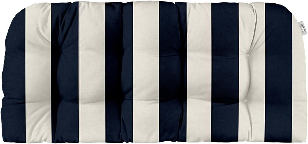 RSH DECOR: Tufted Wicker Loveseat Cushion | 41” x 19" | All-Weather Spun Fabric | Water and Fade-Resistant | Outdoor Settee Cushion for Patio Furniture | Navy & White Stripe