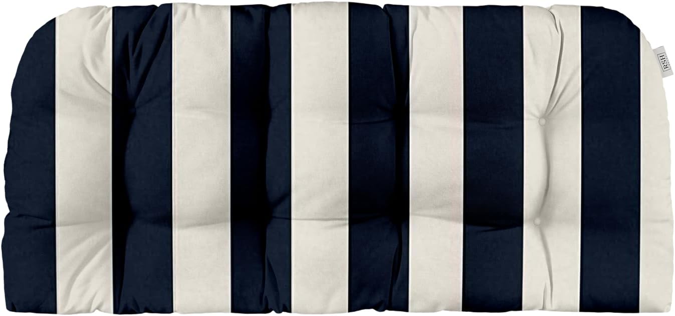 RSH DECOR: Tufted Wicker Loveseat Cushion | 41” x 19" | All-Weather Spun Fabric | Water and Fade-Resistant | Outdoor Settee Cushion for Patio Furniture | Navy & White Stripe
