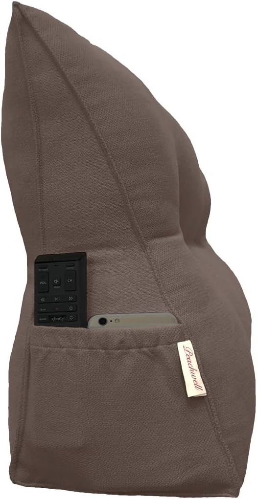 Triangular Reading Bed Rest Pillow Large Bolster Cushion Headboard Backrest Wedge Pillow with Removable Cover and Two Large Side Pockets (Cedar Brown, 47 x 8 x 20 inches)