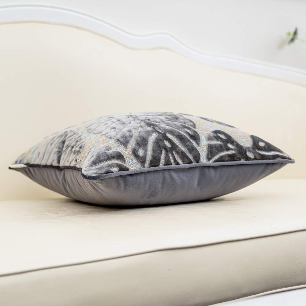 Alerfa 18 x 18 Inch Square Leaf Pillow Embroidery Cut Velvet Cushion Case Luxury Modern Lumbar Throw Pillow Cover Decorative Pillow for Couch Sofa Living Room Bedroom Car, Gray Silver