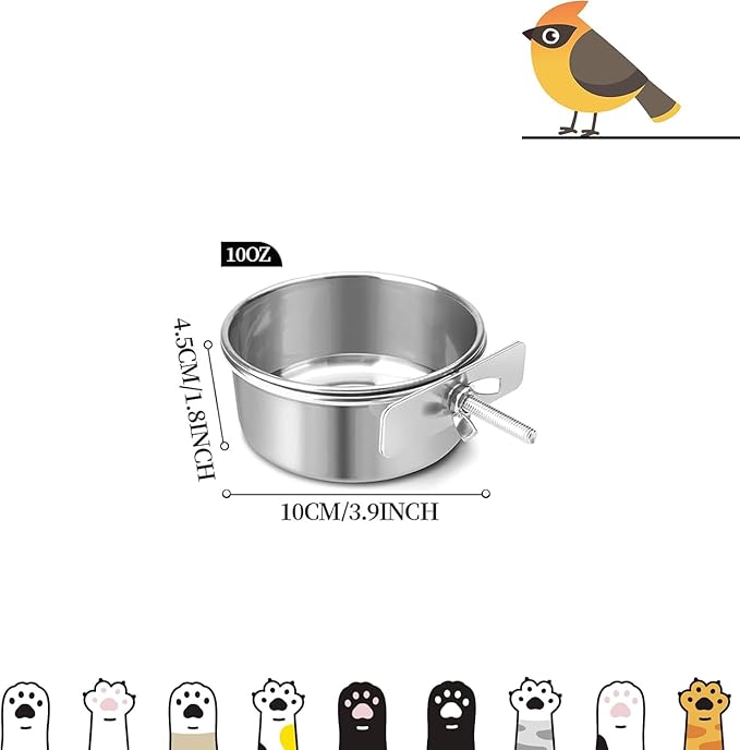 Bird Cage Feeder, Bird Feeder for Cage, 10oz Stainless Steel Food Water Bowl with Clamp, Clip-On Cage Coop Cup for Parrot Hamster Rabbit Rat Small Animals