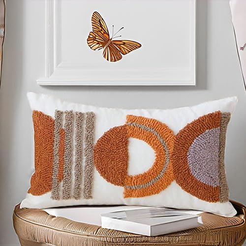 1Pc Boho Tufted Lumbar Pillow Cover 12x 20, Minimalism Rustic Neutral Abstract Linen Pillow Cushion Case,Geometric Home Decor for Outdoor Couch Bedroom Car Rust…