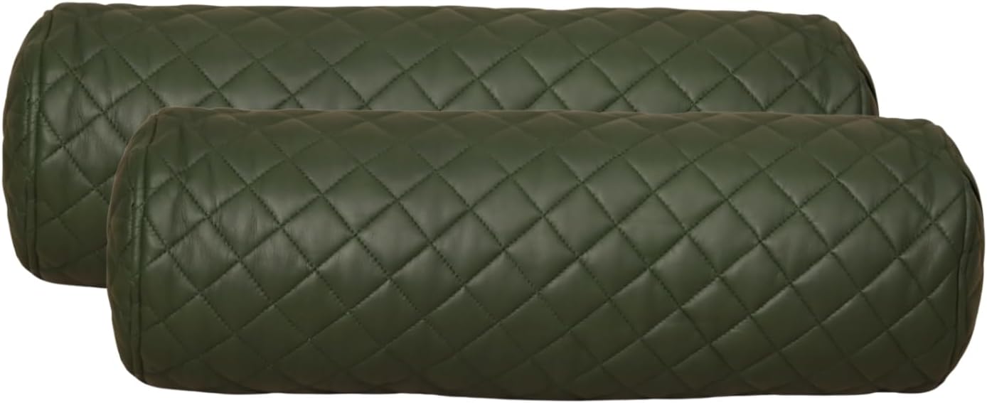 Neck Roll Pillow Cushion Cover, 20x7 Inch Full Moon Round Bolster Pillow Case, Cylinder Soft Lambskin Leather Pillowcase for Head, Spine & Neck Support During Sleep - Quilted Dark Green Pack of 2