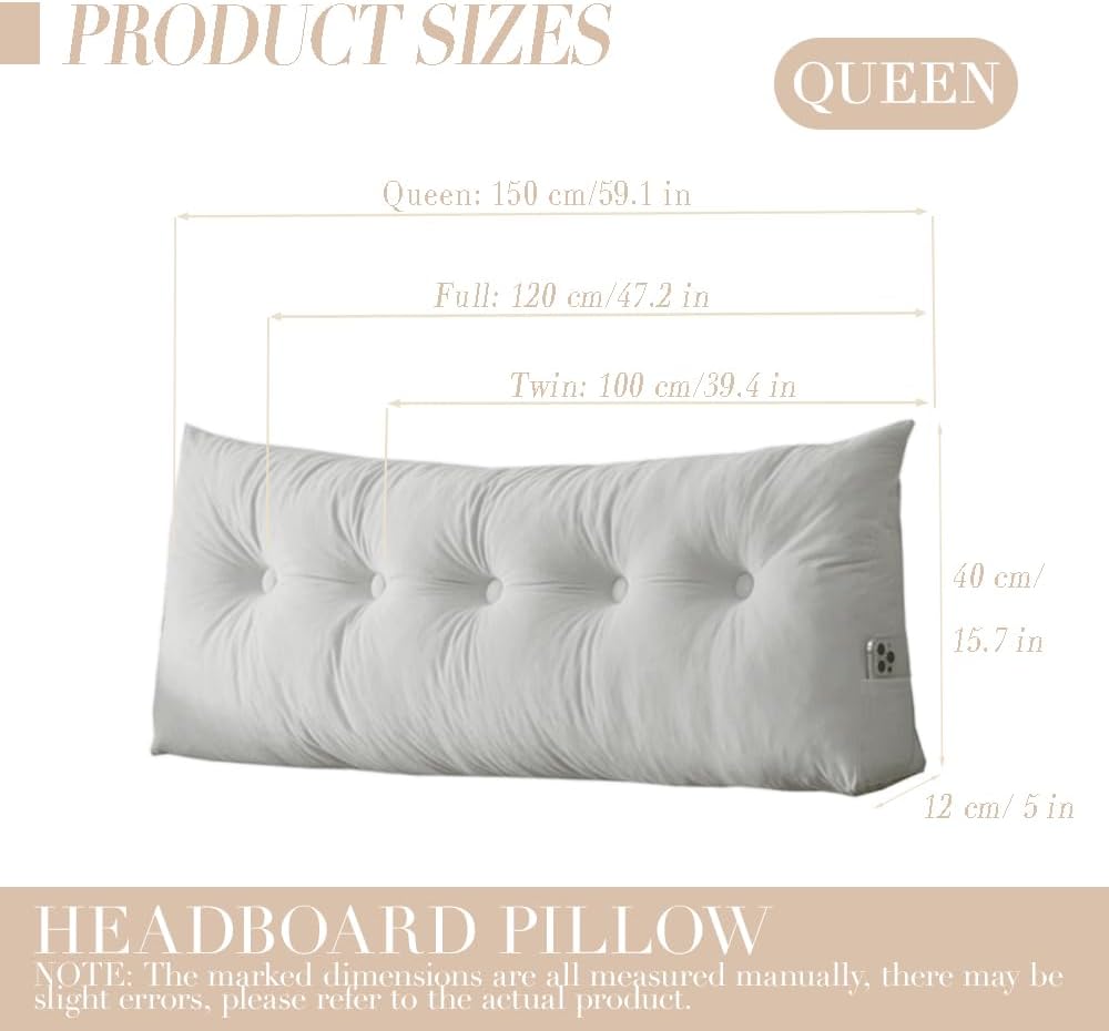 Queen Size Headboard Pillow Wedge Long Backrest Positioning Support for Daybed Wedge Bed Rest Reading Pillow with Side Pockets Bolster Cushion
