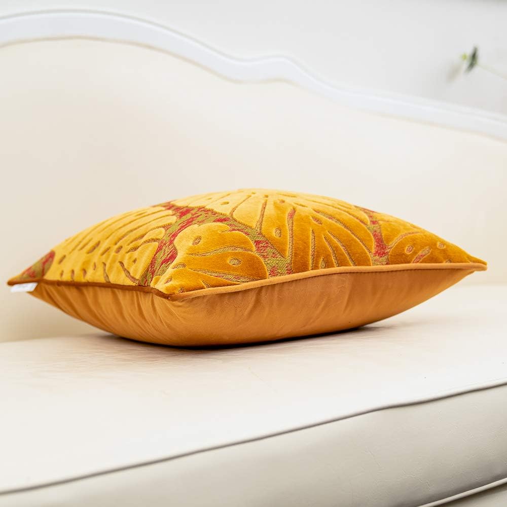Alerfa 20 x 20 Inch Square Leaf Pillow Embroidery Cut Velvet Cushion Case Luxury Modern Lumbar Throw Pillow Cover Decorative Pillow for Couch Sofa Living Room Bedroom Car, Orange