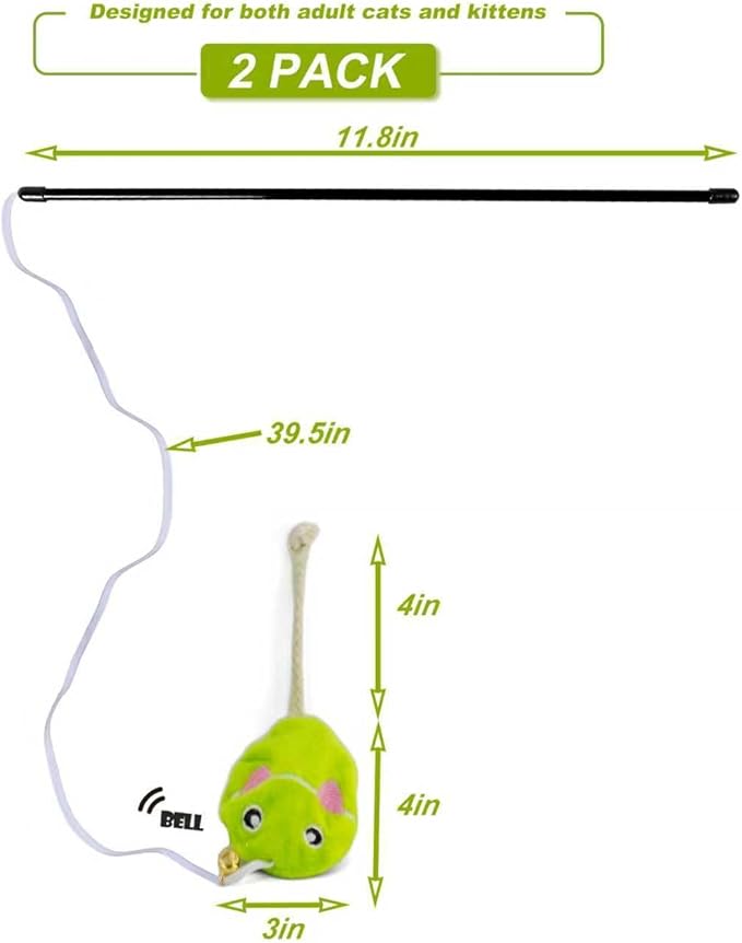 Interactive Cat Toy Wand with Catnip Mouse, Cat Teaser Wand Rainbow String for Bored Indoor Adult Cats and Kittens (2 Pack Mouse)