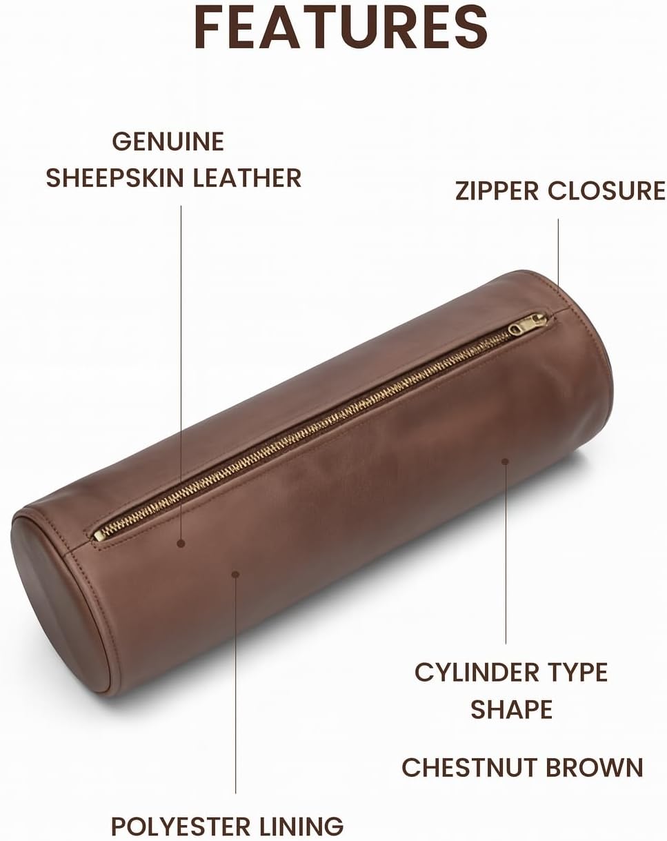Leather Cylindrical Cushion Cover – 100% Lambskin Round Bolster Pillow Cover | Handmade Ergonomic Roll for Head, Neck & Back | Decorative Home & Sofa Accessory (16" x 6")