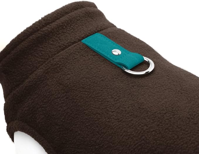 Gooby Fleece Vest Dog Sweater - Brown/Turquoise, Medium - Warm Pullover Fleece Dog Jacket with O-Ring Leash for Small to Medium Dogs