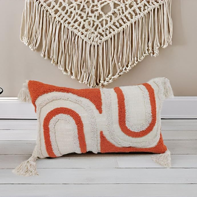 Bohemian Rainbow Lumbar Throw Pillow Covers with Tassels, Accent Boho Tufted Decorative Pillowcase, Soft Farmhouse Neutral Home Decor for Couch Bedroom Car 12 x 20 Inch Orange