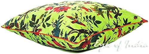 Eyes of India Velvet Floral Flower Bird Throw Pillow Sofa Cushion Cover Case Couch Colorful Boho Chic Bohemian Accent Indian Handmade (Light Green, 24" x 24")