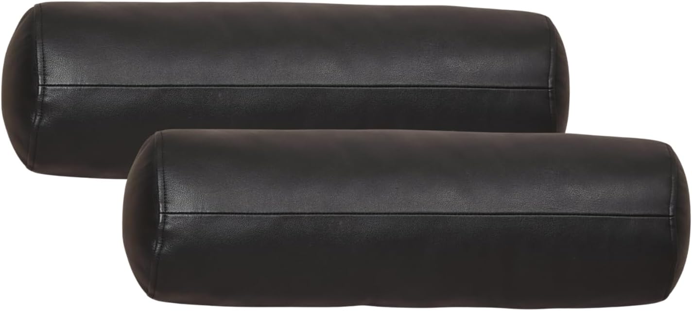 Neck Roll Pillow Cushion Cover, 16x6 Inch Full Moon Round Bolster Pillow Case, Cylinder Soft Lambskin Leather Pillowcase for Head, Spine & Neck Support During Sleep - Black Pack of 2