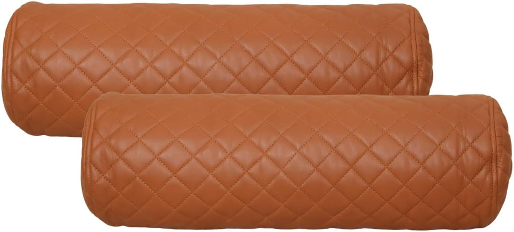 Neck Roll Pillow Cushion Cover, 22x7 Inch Full Moon Round Bolster Pillow Case, Cylinder Soft Lambskin Leather Pillowcase for Head, Spine & Neck Support During Sleep - Quilted Tan Pack of 2