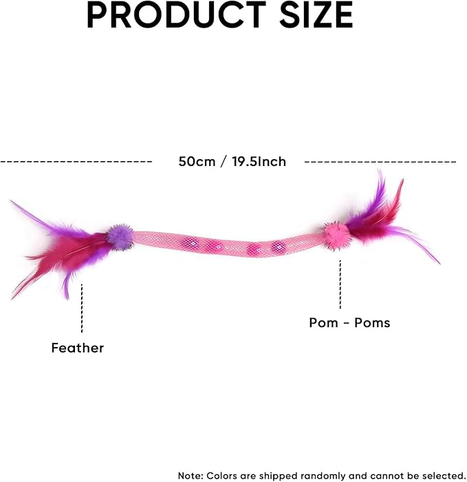 Interactive Cat Toys for Indoor Cats with Catnip – 1 Pack Feather Elastic Mesh Catnip Chew Toys with Bells and Pom-Poms, 19.5 Inch Durable Kitten Teething Toy Bundle