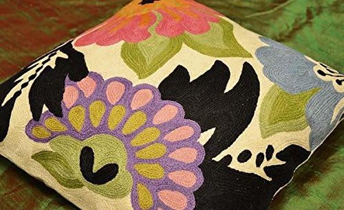 Daisy Floral Pillow Cover Hand Embroidered Flower Throw Pillowcase Traditional Floral Outdoor Suzani Cushion Boho Flower Throw Pillow Chair Cushion Wool Size - 18x18