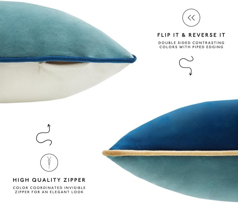 MONDAY MOOSE Decorative Throw Pillow Covers Cushion Cases, Set of 4 Soft Velvet Modern Double-Sided Designs, Mix and Match for Home Decor, Pillow Inserts Not Included (22x22 inch, Blue/Beige)