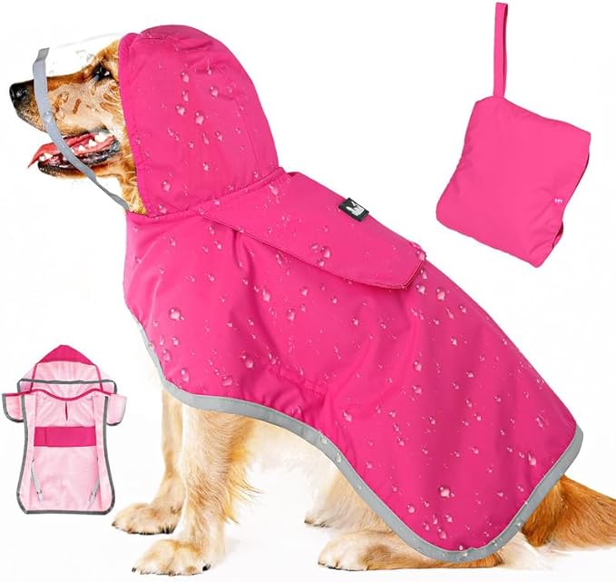 SlowTon Dog Raincoat, Adjustable Dog Rain Jacket Clear Hooded Double Layer, Waterproof Poncho with Reflective Strip Straps and Storage Pocket for Small Medium Large Dogs Puppies(FU XL)