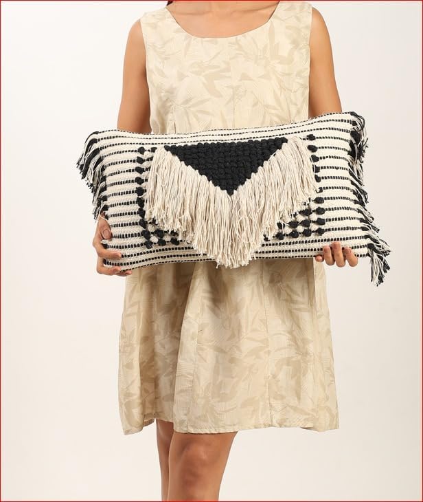 Decorative Boho-Chic Pillow Cover Handwoven Tufted Cotton Accent Pillows, Neutral Throw Cushion for Couch, Sofa or Bed, Farmhouse & Bohemian Home Decor, Trendy USA Design (Black Lumbar 12x20)