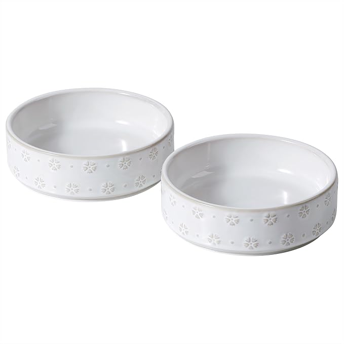 6.1inch Ceramic Set of 2 Dog and Cat Bowls, Food and Water Bowls for Toy Breed Dogs, Kitty, 2pcs Pet Dishes, Cat Feeder(2Dishes, White with Snowflake Pattern)