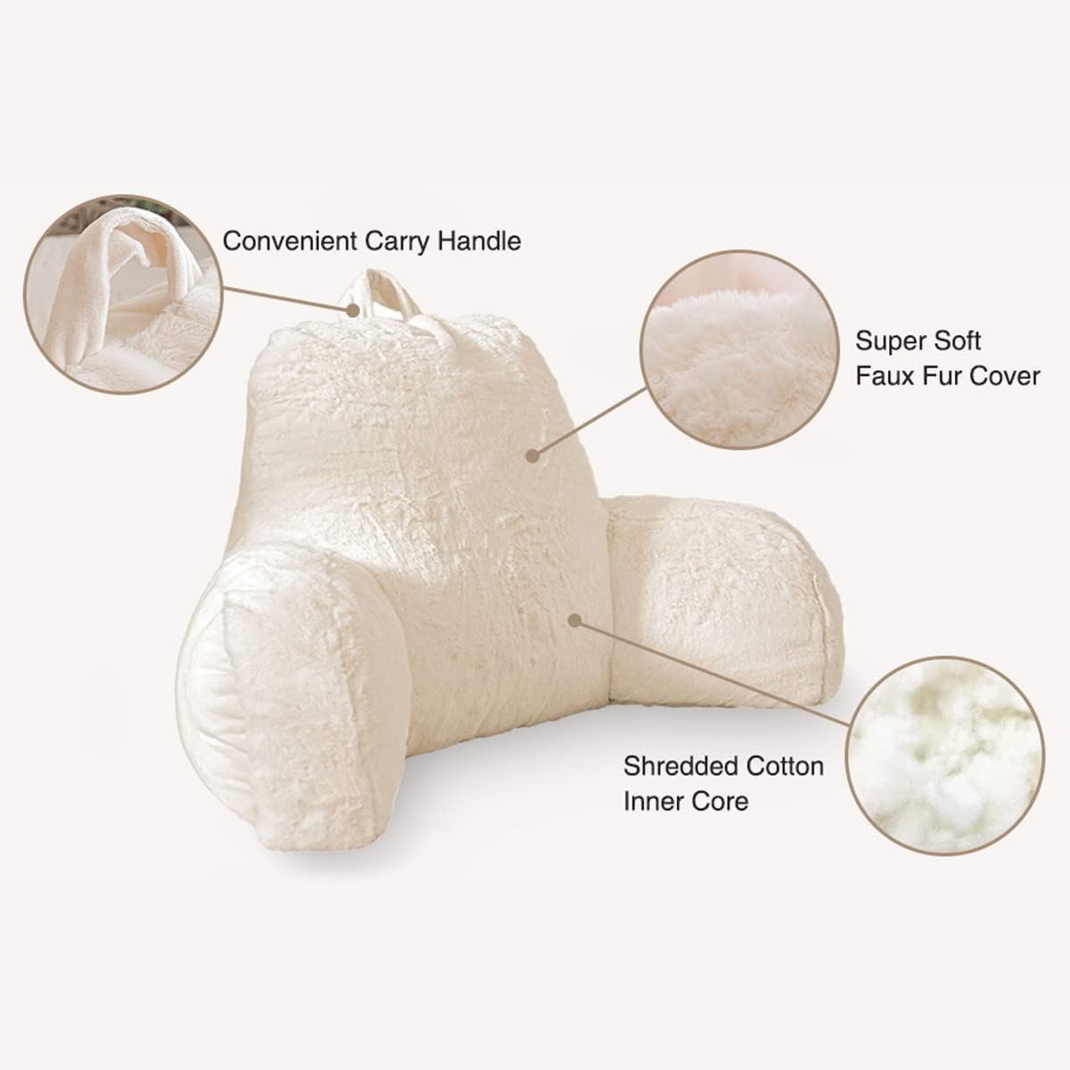 NTBED Faux Fur Reading Pillow Large Adult Teens Back Rest Pillow with Arms, Bedrest Pillow for Sitting Up in Bed (Ivory,Large)