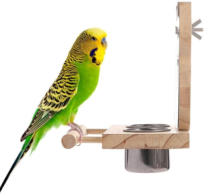 Bird Mirror Parrot Perch with Mirror and Stainless Steel Feeding Cups for Parakeets Cage Swing Wooden Mirror Fun Play Toy for Birds Lovebird Conures Cockatiels