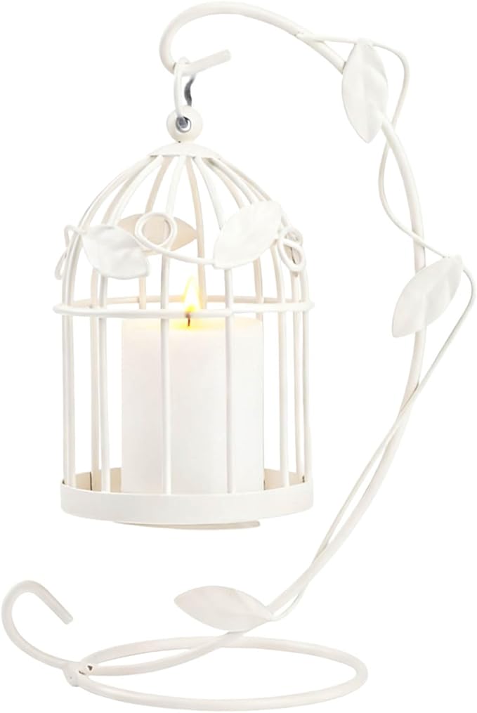 Birdcage Candle Holder, Hanging Candle Holder Decorative Bird Cages Bird Cage Decor Vintage Metal Candlestick for Wedding, Party(White)