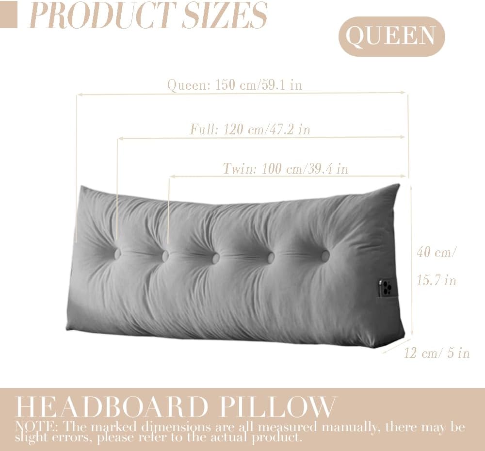 Queen Size Headboard Pillow Wedge Long Backrest Positioning Support for Sitting up Sleeping in Daybed Sofa Couch Wedge Bed Gap Filler Rest Large Reading Pillow with Side Pocket Bolster Cushion