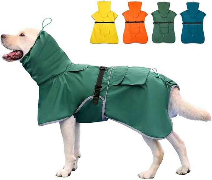 Reflective Dog Raincoat Waterproof Adjustable Dog Hooded Poncho Raincoat for Medium Large Dogs, Lightweight Pet Rain Jacket (Green, 2XL)