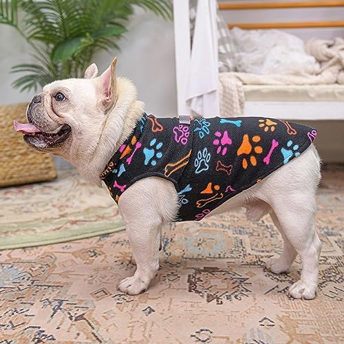 BEAUTYZOO Small Dog Sweater Fleece Vest Winter Jacket, D-Ring Leash Attachment for XS S Puppy Medium Sized Breeds Dogs, Cold Weather Dog Clothes Windproof Keep Warm, Black Bones Paw XL