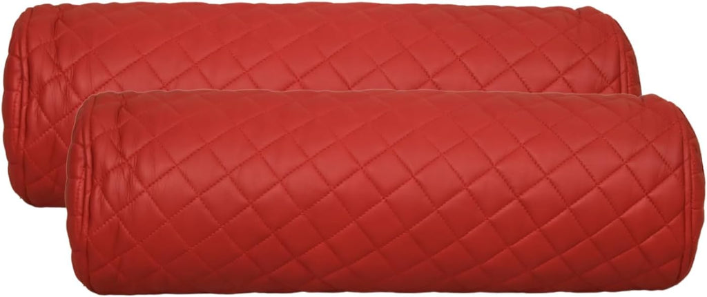 Neck Roll Pillow Cushion Cover, 18x6 Inch Full Moon Round Bolster Pillow Case, Cylinder Soft Lambskin Leather Pillowcase for Head, Spine & Neck Support During Sleep - Quilted Cherry Red Pack of 2