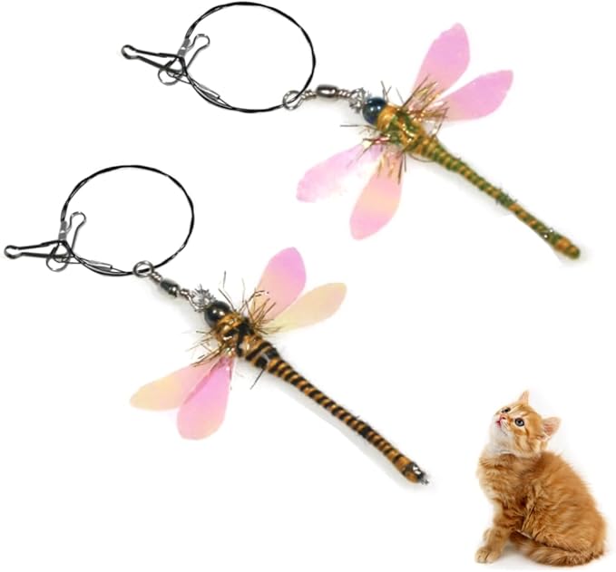 Cat Insect Feather Toys Replacement - 2 Pcs Handmade Natural Dragonfly - Cat Toy Wand Refills - Interactive Kitten Teaser Wand Attachments - Cat Toys for Indoor Cats Play