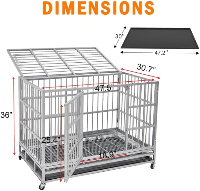 48/42/38 inch Heavy Duty Indestructible and Escape-Proof Dog Crate Cage Kennel for Large Dogs, High Anxiety Dog Crate with Removable Wire Trays and Wheels, Extra Large XL XXL