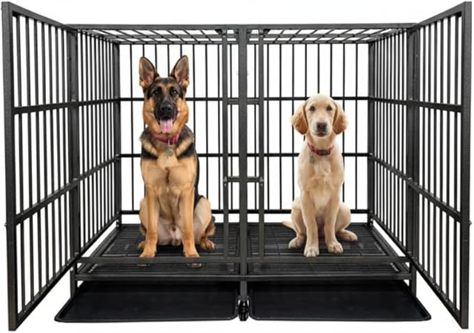54 Heavy Duty Indestructible and Escape-Proof Dog Crate Cage Kennel with Divider for 2 Large Dogs, High Anxiety Dog Crate with Removable Wires Trays and Wheels, Extra Large XL XXL