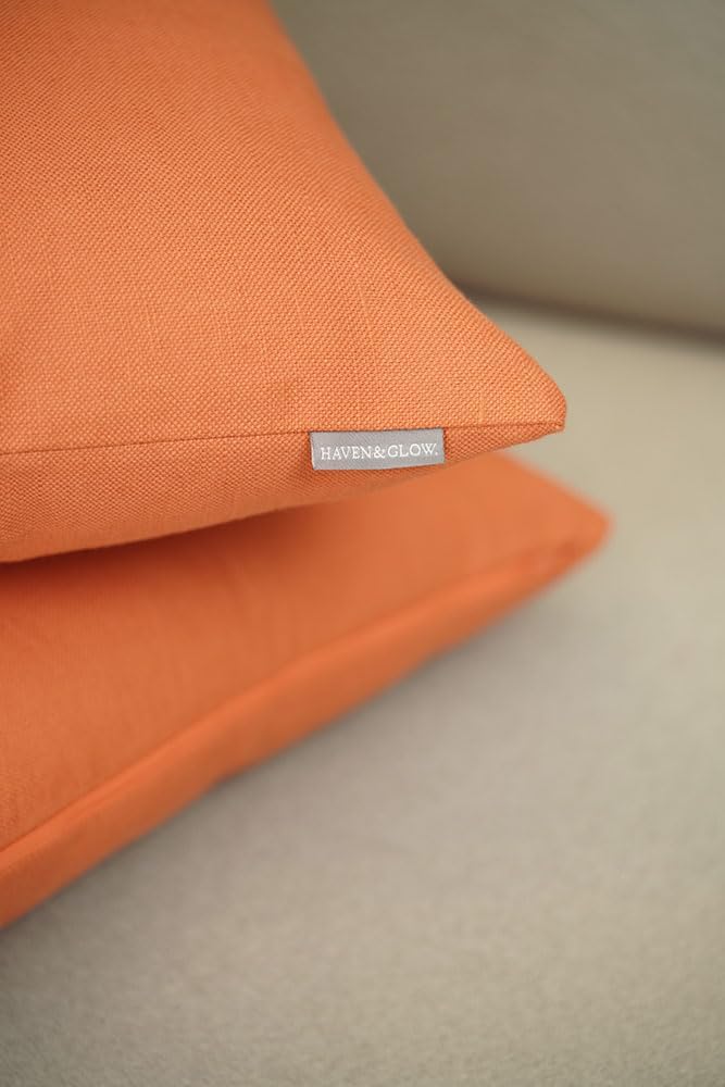Haven & Glow Decorative Throw Pillow Cover – Square Cushion Case with Zipper | Modern Sofa, Couch & Bed Accent Pillow Covers for Living Room, Bedroom & Home Decor | 18 x 18 Inch – Soft Orange – 2 Pc
