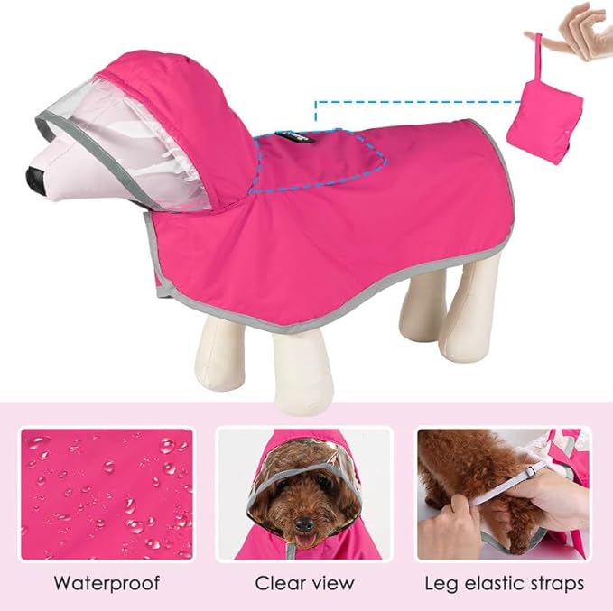 SlowTon Dog Raincoat, Adjustable Dog Rain Jacket Clear Hooded Double Layer, Waterproof Poncho with Reflective Strip Straps and Storage Pocket for Small Medium Large Dogs Puppies(FU S)