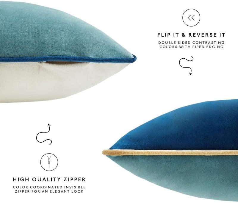 MONDAY MOOSE Decorative Throw Pillow Covers Cushion Cases, Set of 4 Soft Velvet Modern Double-Sided Designs, Mix and Match for Home Decor, Pillow Inserts Not Included (16x16 inch, Blue/Beige)