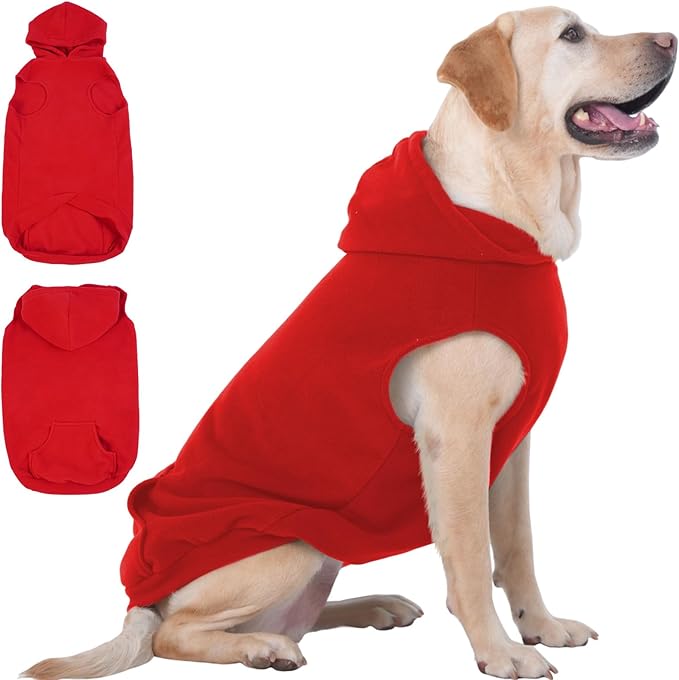 IECOii XXL Dog Hoodie for Large Dogs, Fleece Dog Sweatshirt for Large Breed Male Female Dogs,Pet Pouch Hoodie Winter Sweater Coat with Leash Hole, Warm & Lightweight Outfit for Pitbull, Red, 2XL