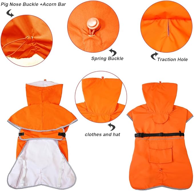 Reflective Dog Raincoat Waterproof Adjustable Dog Hooded Poncho Raincoat for Medium Large Dogs, Lightweight Pet Rain Jacket (Orange, 3XL)