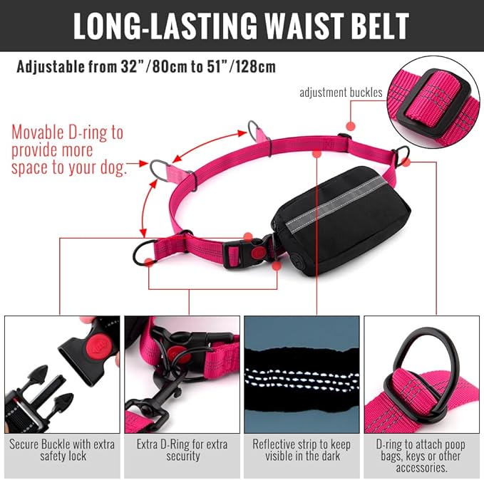 Plutus Pet Hands Free Dual Handle Retractable Bungee Leash with Reflective Stitches, Adjustable Waist Leash for Dog Walking, Running, Jogging, Medium Large Dogs