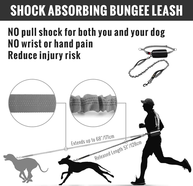 Plutus Pet Hands Free Dog Leash, Soft Padded Dual Handle Retractable Bungee Leash with Reflective Stitches, Adjustable Wasit Leash for Dog Walking Running Jogging, for Medium Large Dogs