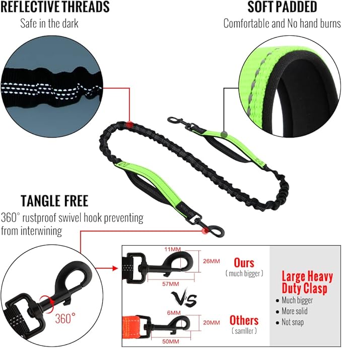 Plutus Pet Hands Free Dual Handle Retractable Bungee Leash with Reflective Stitches, Adjustable Waist Leash for Dog Walking, Running, Jogging, Medium Large Dogs