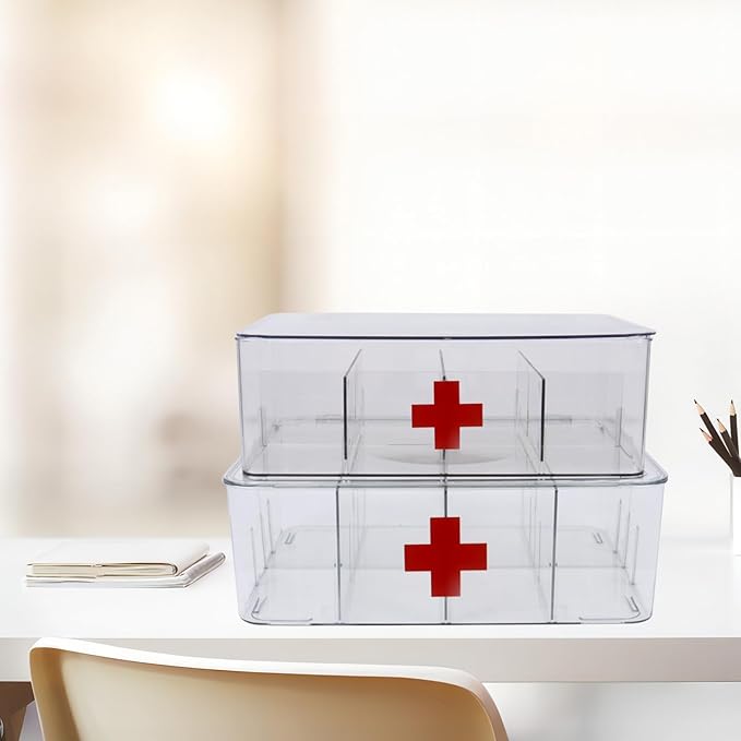 2 Pack First Aid Box, Acrylic Medicine Kit Case Organizer Empty, Divided Medicine Box First Aid Storage Box Kit with Hinge Lid, Emergency Supplies Storage Box for Home Office (Clear)