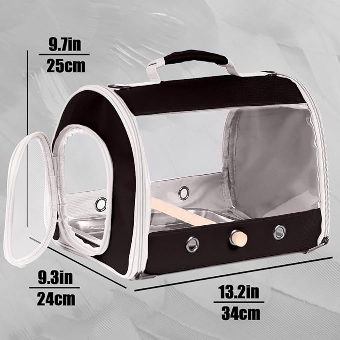 Bird Carrier, Portable Small Bird Parrot Parakeet Carrier with Standing Perch and Stainless Steel Tray, Side Access Window Collapsible (Black, Cylinder Design - Clear)