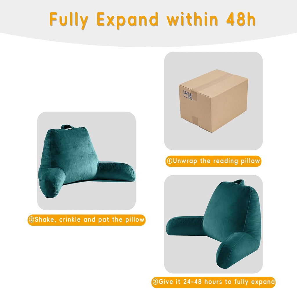 Reading Pillow for Sitting in Bed Adult, Reading Pillow with Shredded Memory Foam, Bed Pillow with Washable Cover, Back Pillow Sitting Up with Extend Arms, Prussian Blue, Large