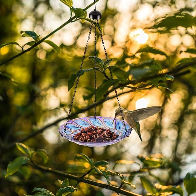 VCUTEKA Hanging Bird Baths Outdoor Glass Peacock Birdbath Birdfeeder for Garden Yard Decoration