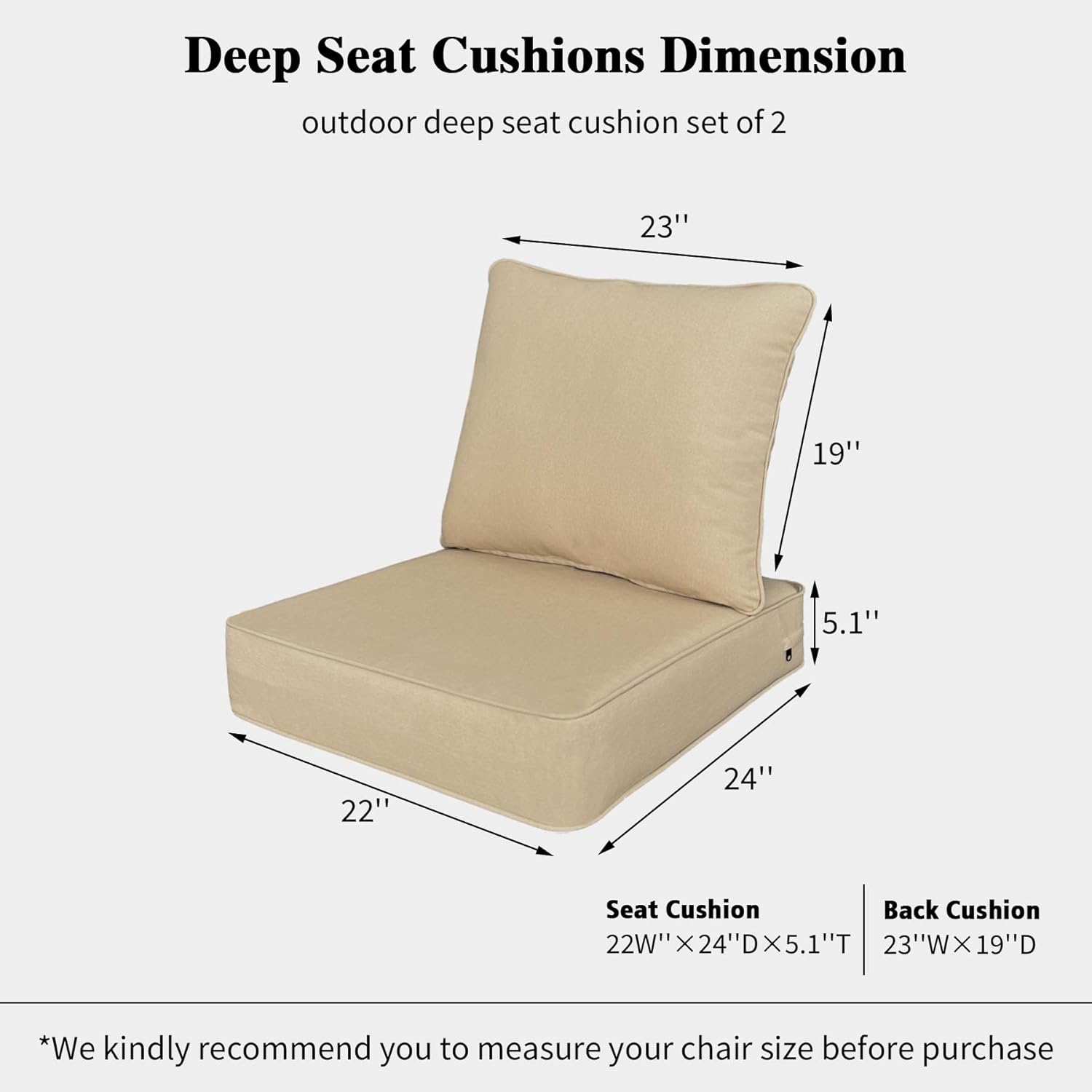 Outdoor 22x24 Inch Deep Seat Patio Cushion Set Outdoor Chair Cushions with Fade Resistant and Removable Cover for with Most Patio Furniture and homedepot Furniture Beige 2Sets