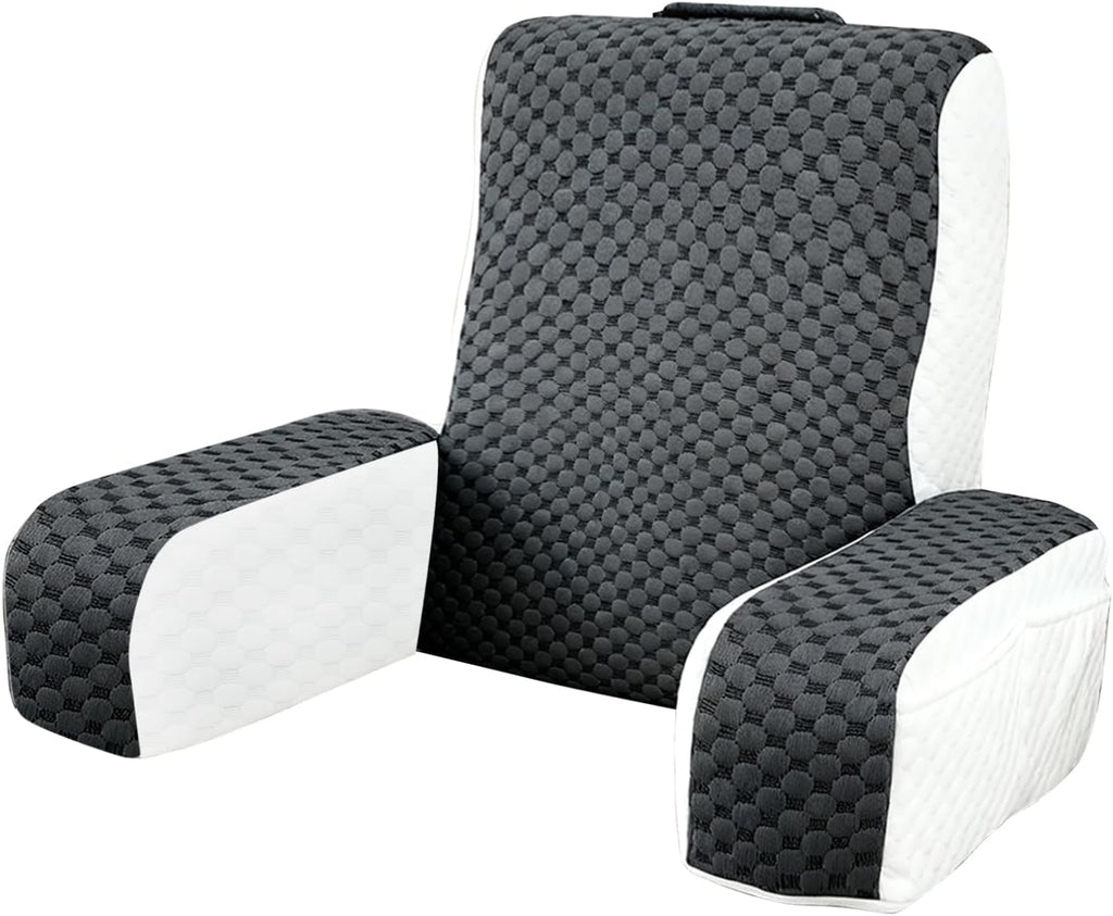 Bed Reading Pillow Back Support with Arms, Removable Pillowcase for Book Working Gaming Resting Watching TV, Gray White/22in