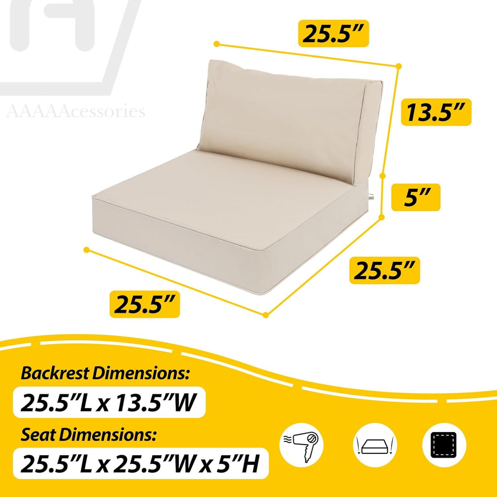AAAAAcessories Outdoor Deep Seat Cushions, Waterproof, Fade-Resistant Patio Furniture Replacement Cushions, 25.5" x 25.5" x 5" + 25.5" x 13.5", Sandstone Beige