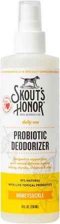 Skout's Honor Probiotic Pet Deodorizer Spray- Hydrating Daily-Use with Avocado Oil & Omega-3s, Microbiome Friendly Certiified, Paraben & Sulfate-Free, 97% Natural, 8oz, Honeysuckle
