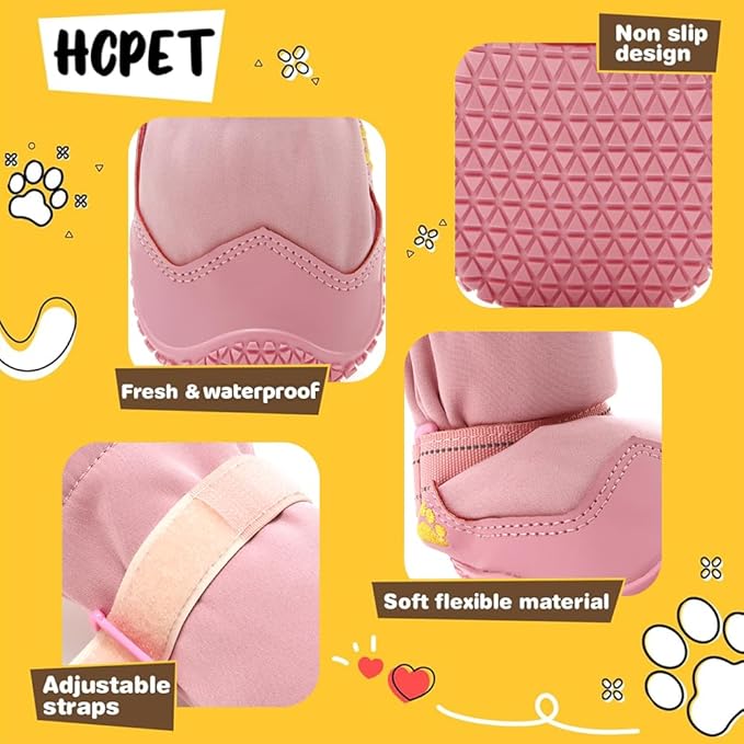Hcpet Dog Shoes, Dog Boots & Paw Protectors for Winter Snowy Days, Rainy Weather, Outdoor Anti-Slip Sole Dog Booties for Hardwood Floor Pink-Leg 8