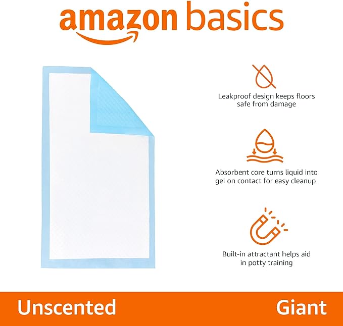 Amazon Basics Leakproof Dog and Puppy Pee Pads with 5-Layer Quick-Dry Surface for Potty Training, Standard Absorbency, Giant, 27.5 x 44Inch, Pack of 40, Blue & White